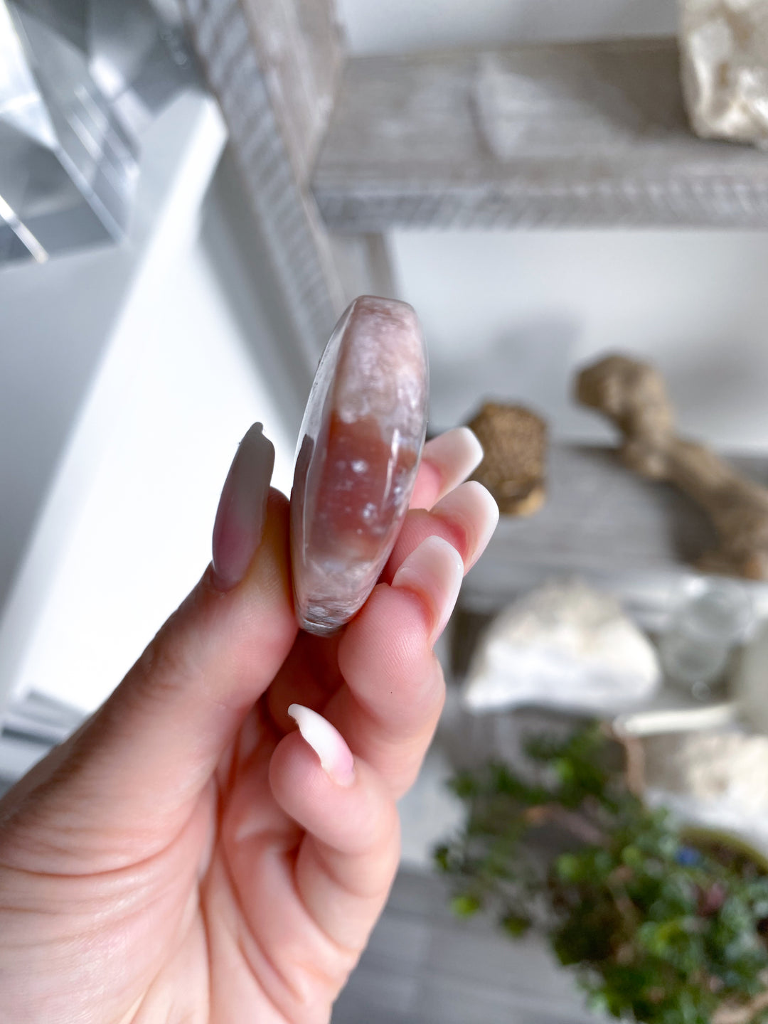 Hand Carved Pink Flower Agate Heart 