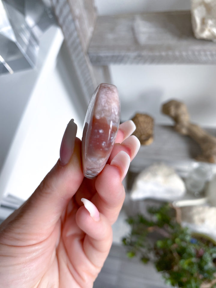 Hand Carved Pink Flower Agate Heart 