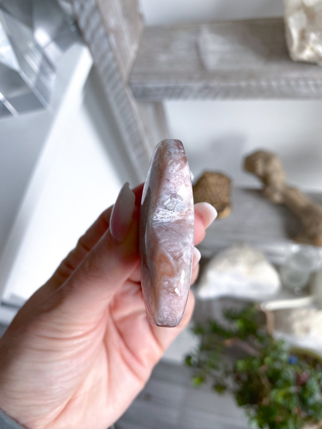 Hand Carved Pink Flower Agate Heart 
