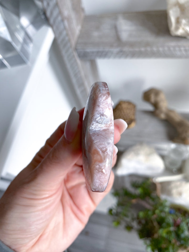 Hand Carved Pink Flower Agate Heart 
