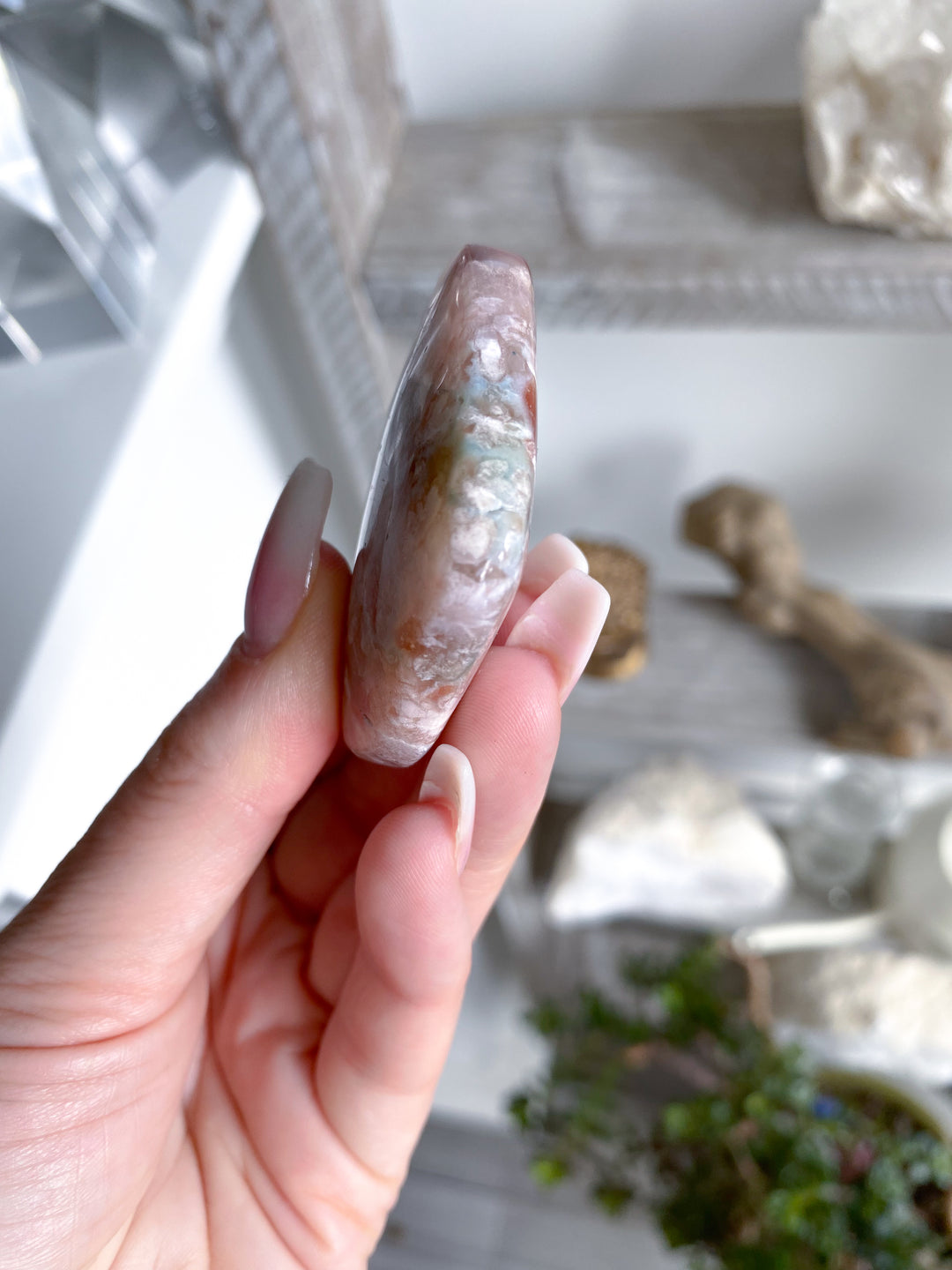 Hand Carved Pink Flower Agate Heart 