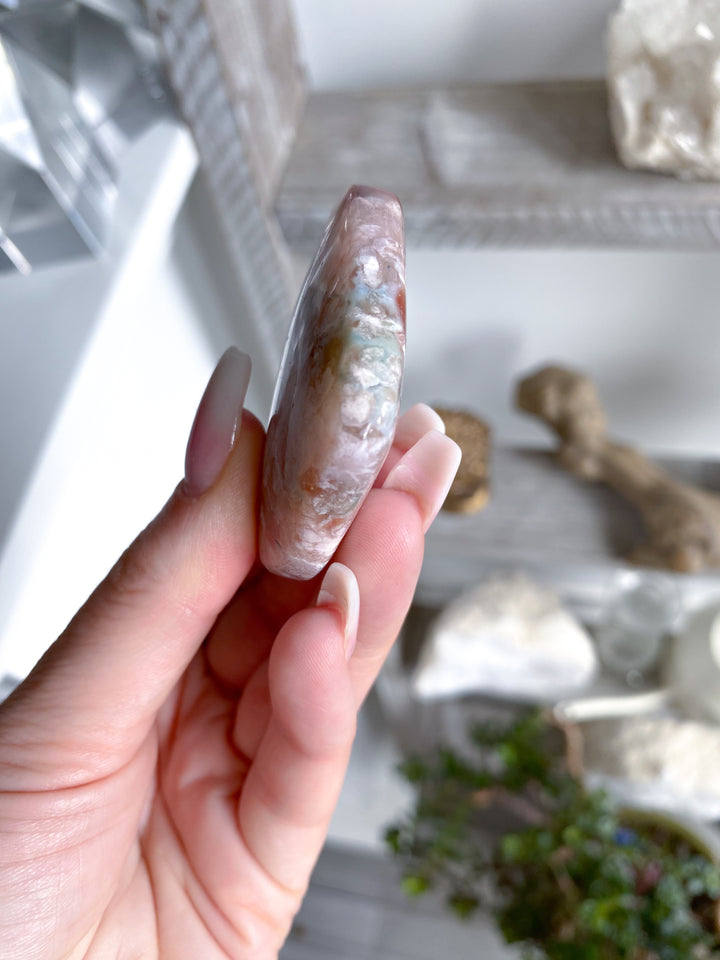 Hand Carved Pink Flower Agate Heart 