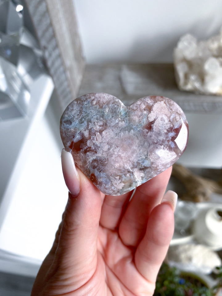 Hand Carved Pink Flower Agate Heart 