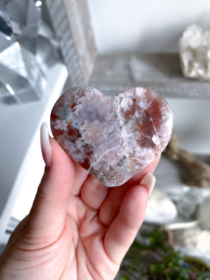 Hand Carved Pink Flower Agate Heart 