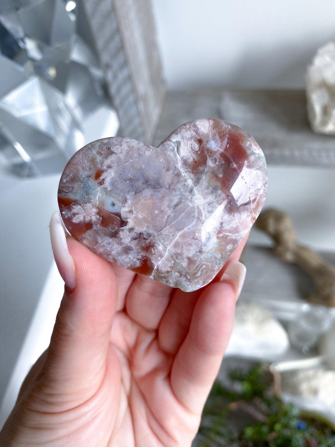 Hand Carved Pink Flower Agate Heart 