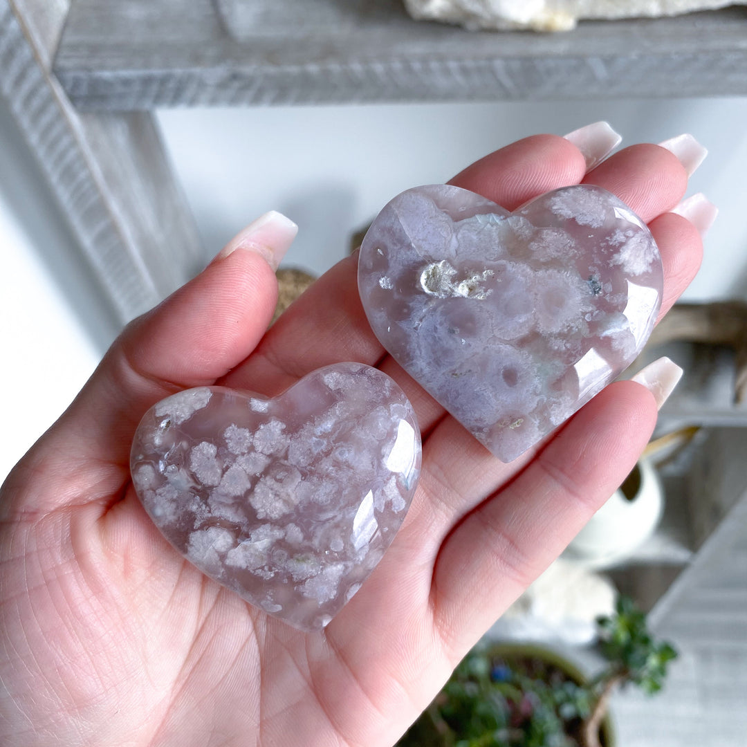 B Quality Hand Carved Pink Flower Agate Heart