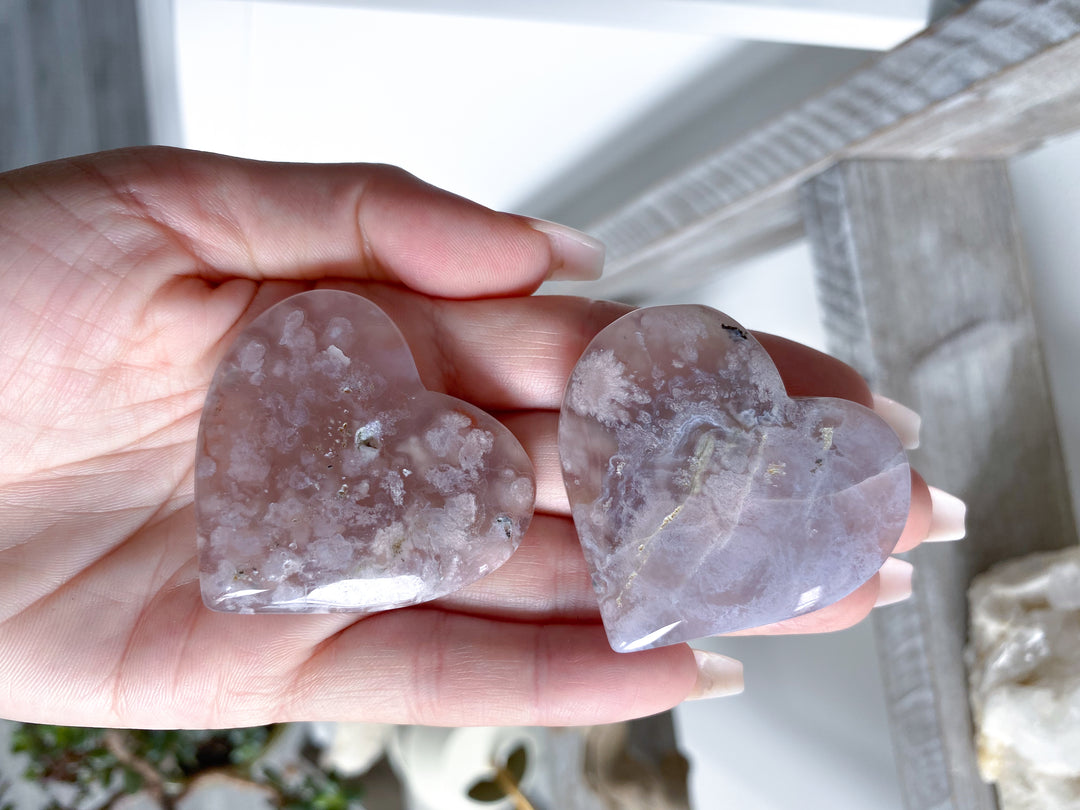 B Quality Hand Carved Pink Flower Agate Heart