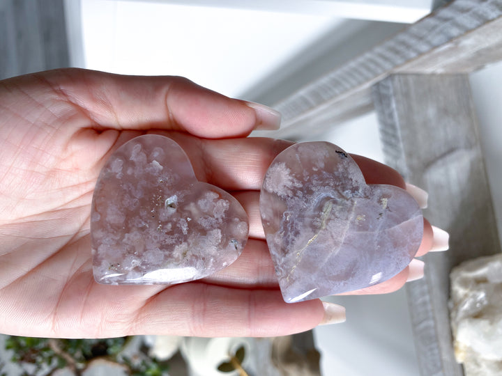 B Quality Hand Carved Pink Flower Agate Heart