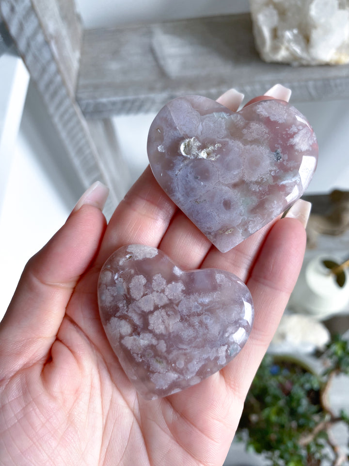 B Quality Hand Carved Pink Flower Agate Heart