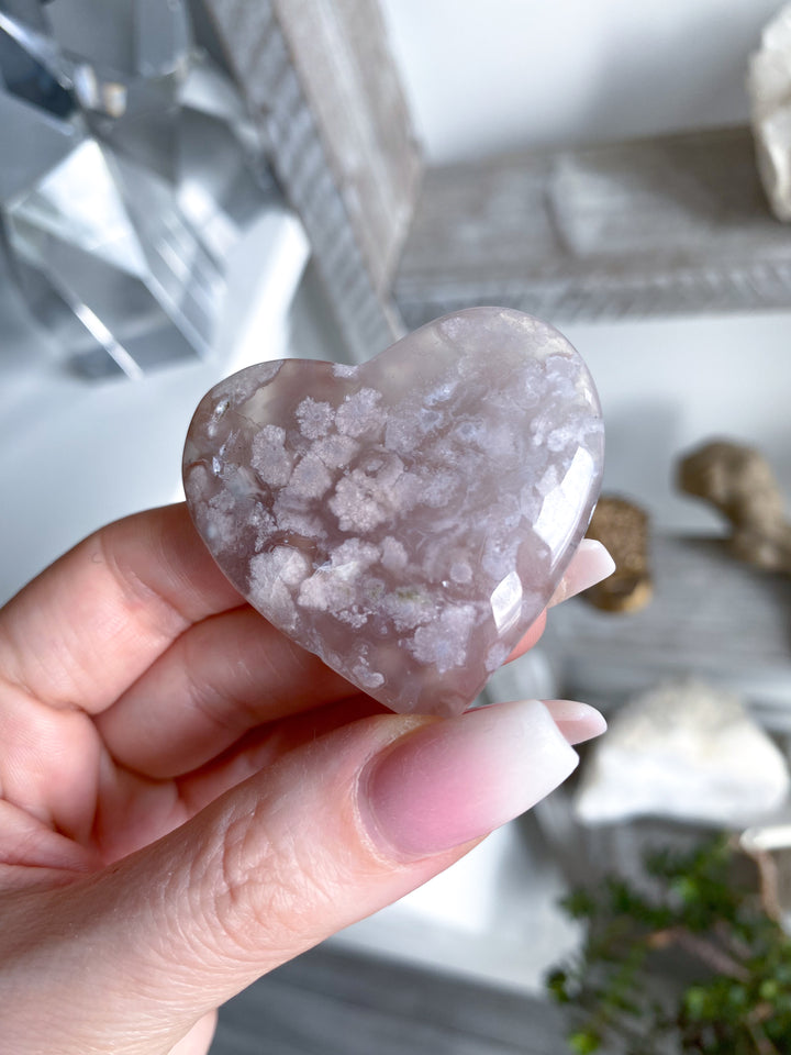 B Quality Hand Carved Pink Flower Agate Heart