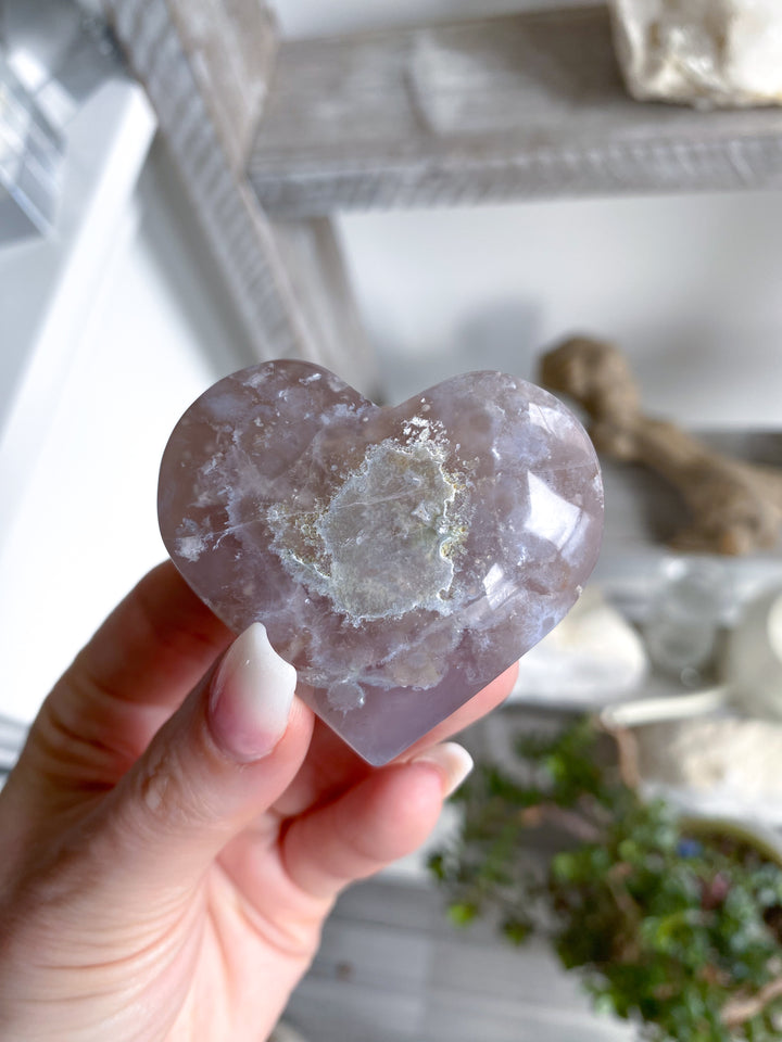 B Quality Hand Carved Pink Flower Agate Heart #3