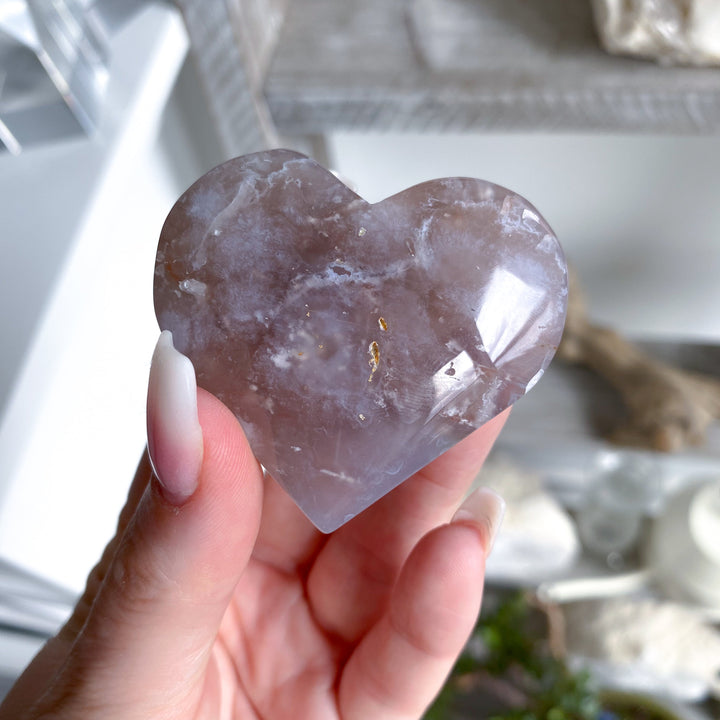 B Quality Hand Carved Pink Flower Agate Heart #3