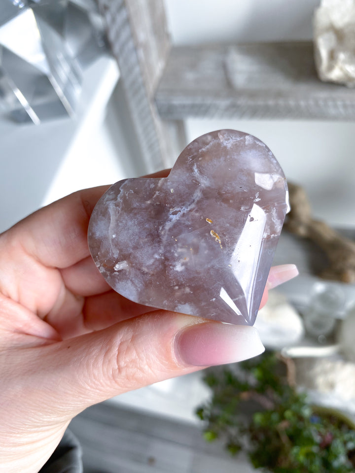 B Quality Hand Carved Pink Flower Agate Heart #3