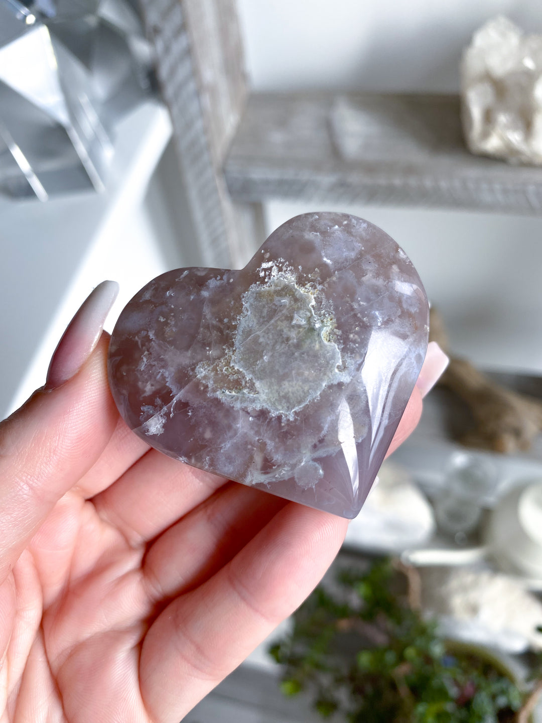 B Quality Hand Carved Pink Flower Agate Heart #3