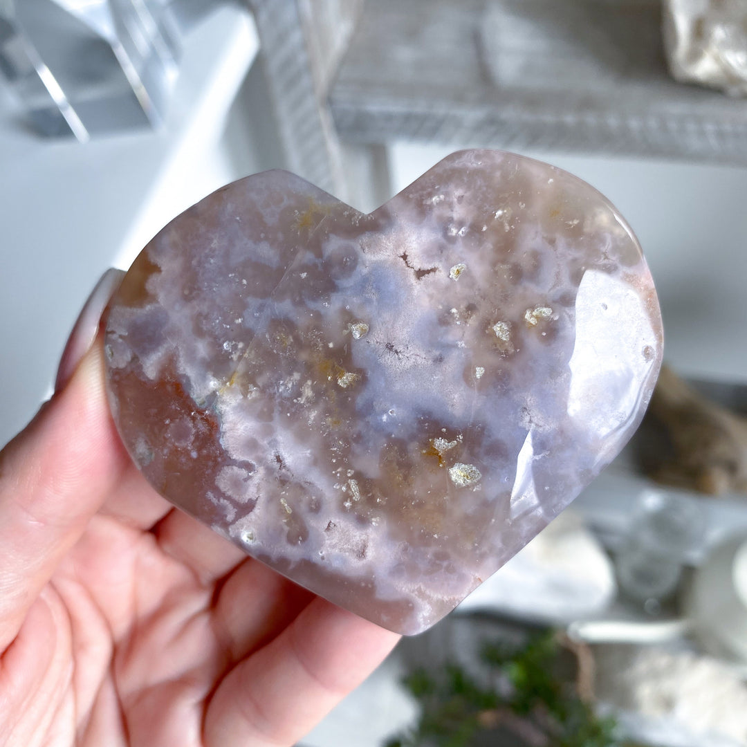 Jumbo B Quality Hand Carved Pink Flower Agate Heart #4