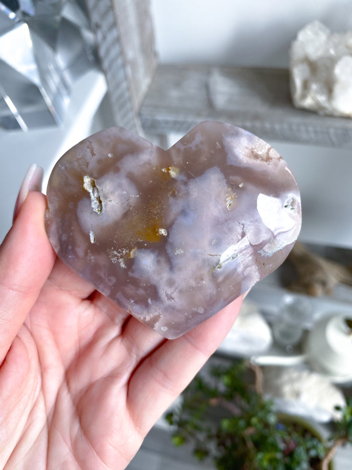 Jumbo B Quality Hand Carved Pink Flower Agate Heart #4