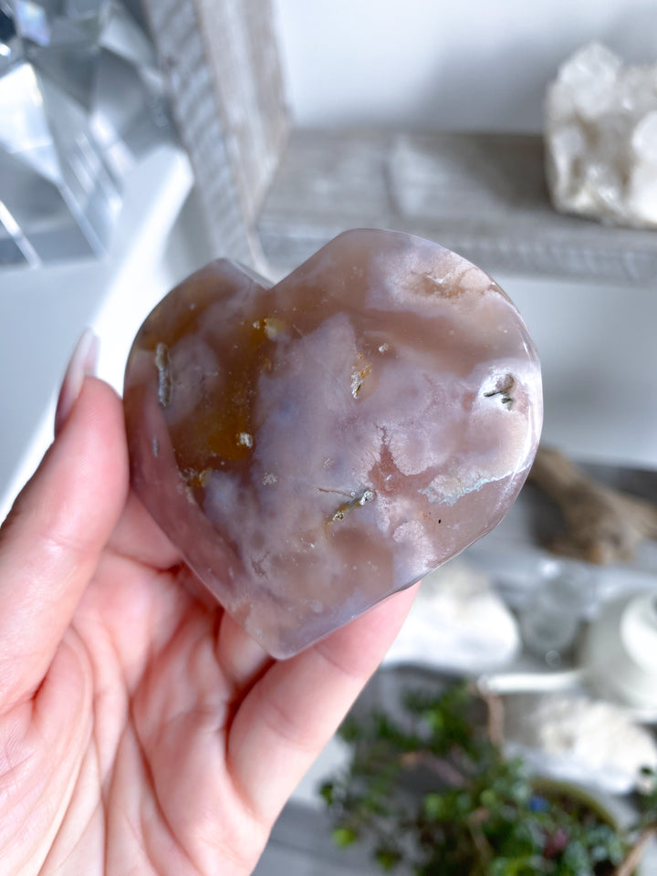 Jumbo B Quality Hand Carved Pink Flower Agate Heart #4