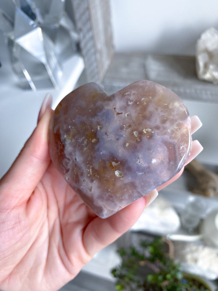 Jumbo B Quality Hand Carved Pink Flower Agate Heart #4