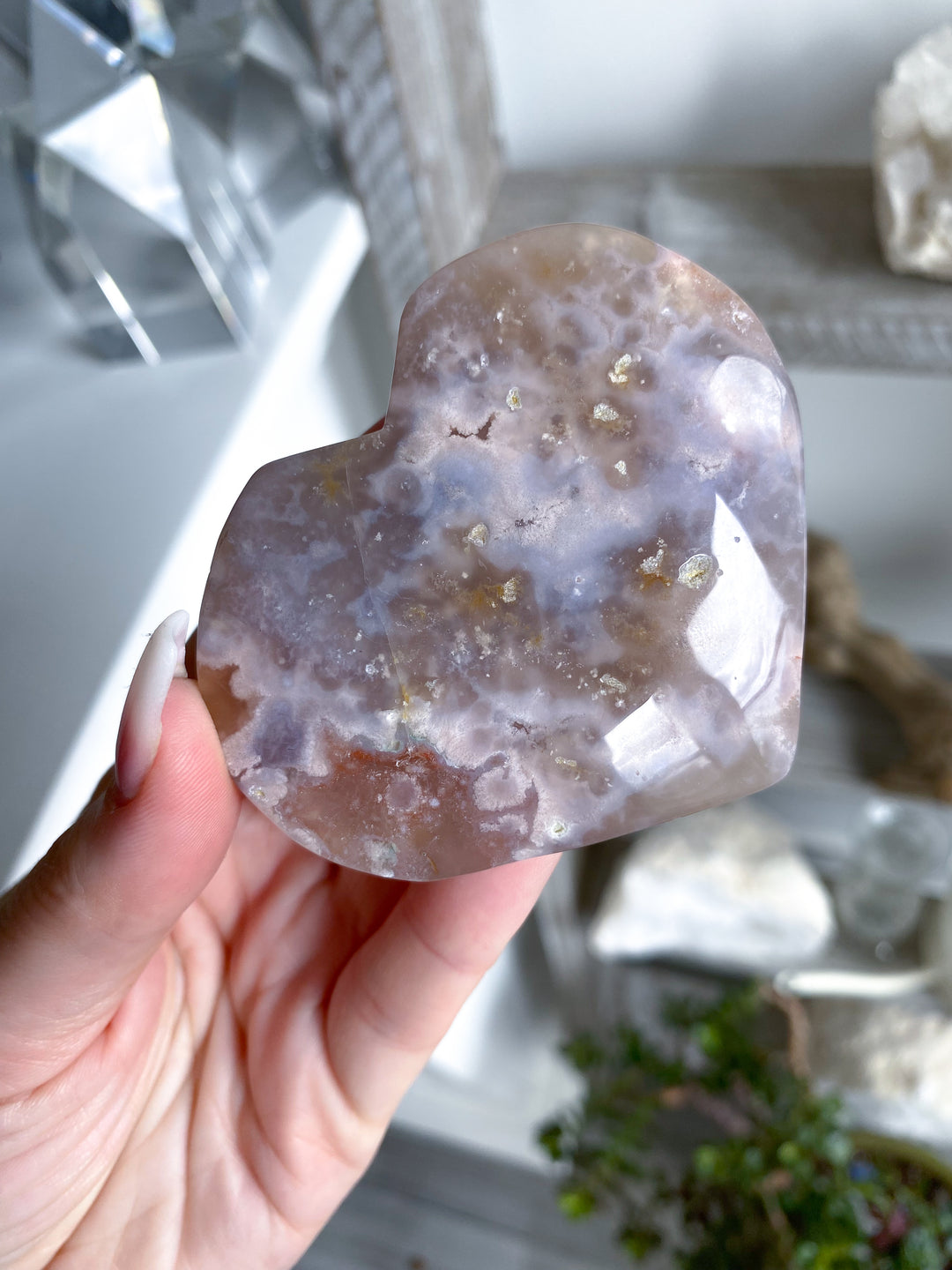 Jumbo B Quality Hand Carved Pink Flower Agate Heart #4