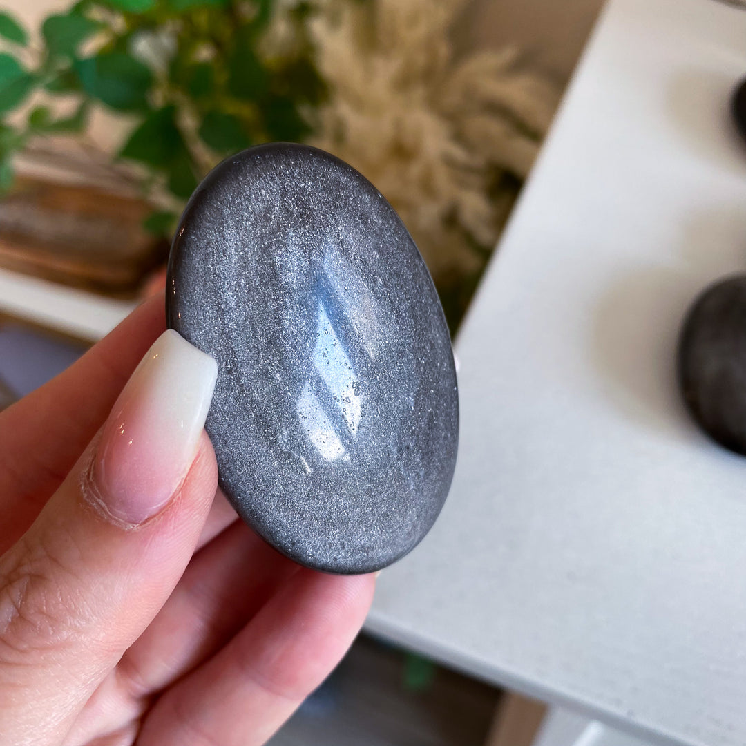 Small Silver Sheen Obsidian Palm Stone