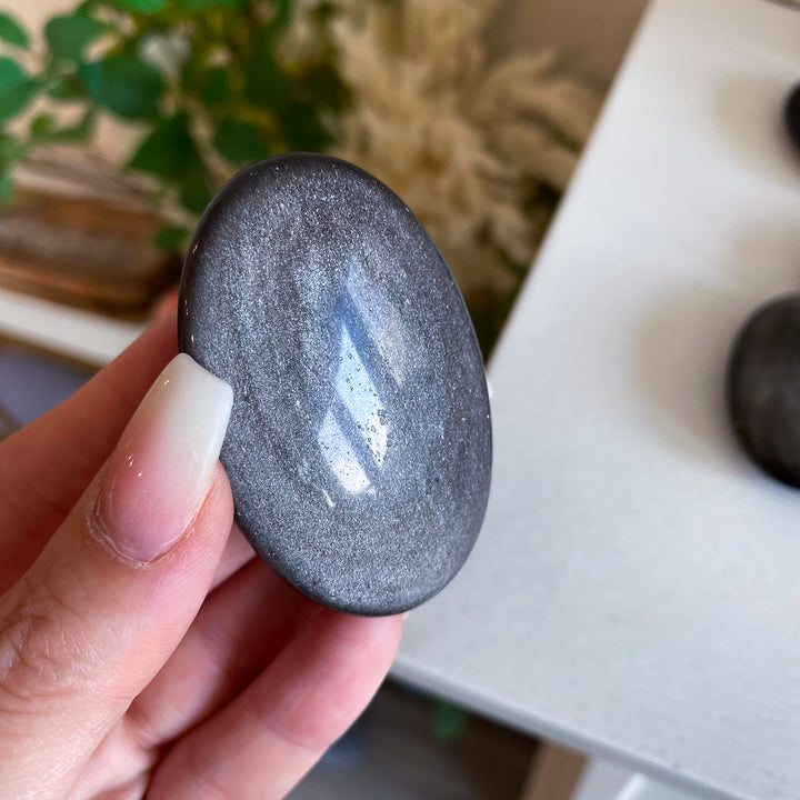 Small Silver Sheen Obsidian Palm Stone