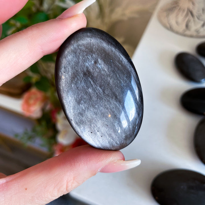 Small Silver Sheen Obsidian Palm Stone