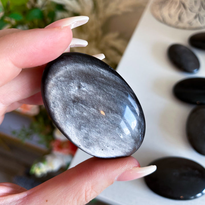 Small Silver Sheen Obsidian Palm Stone