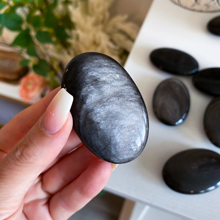 Small Silver Sheen Obsidian Palm Stone