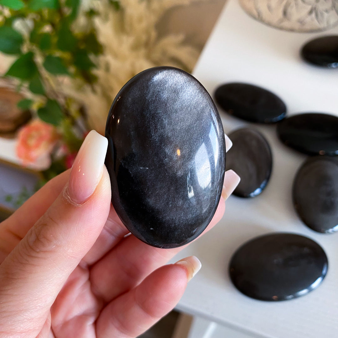 Small Silver Sheen Obsidian Palm Stone