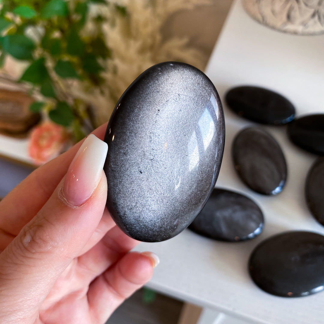 Small Silver Sheen Obsidian Palm Stone