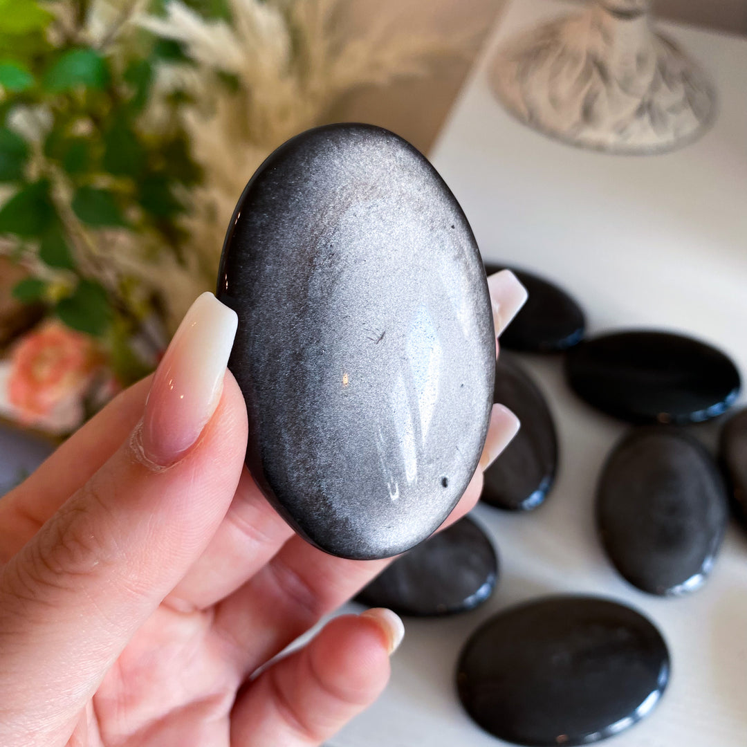 Small Silver Sheen Obsidian Palm Stone