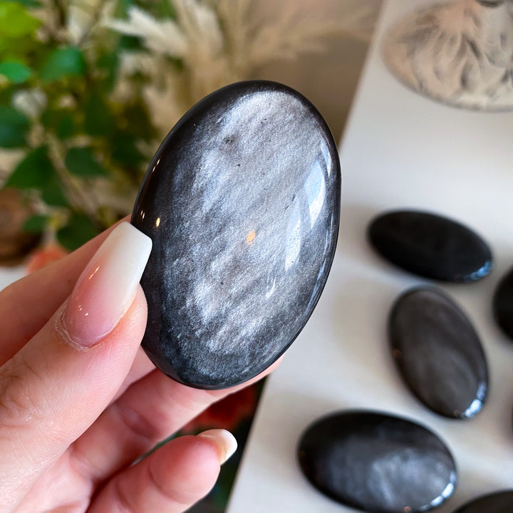 Small Silver Sheen Obsidian Palm Stone