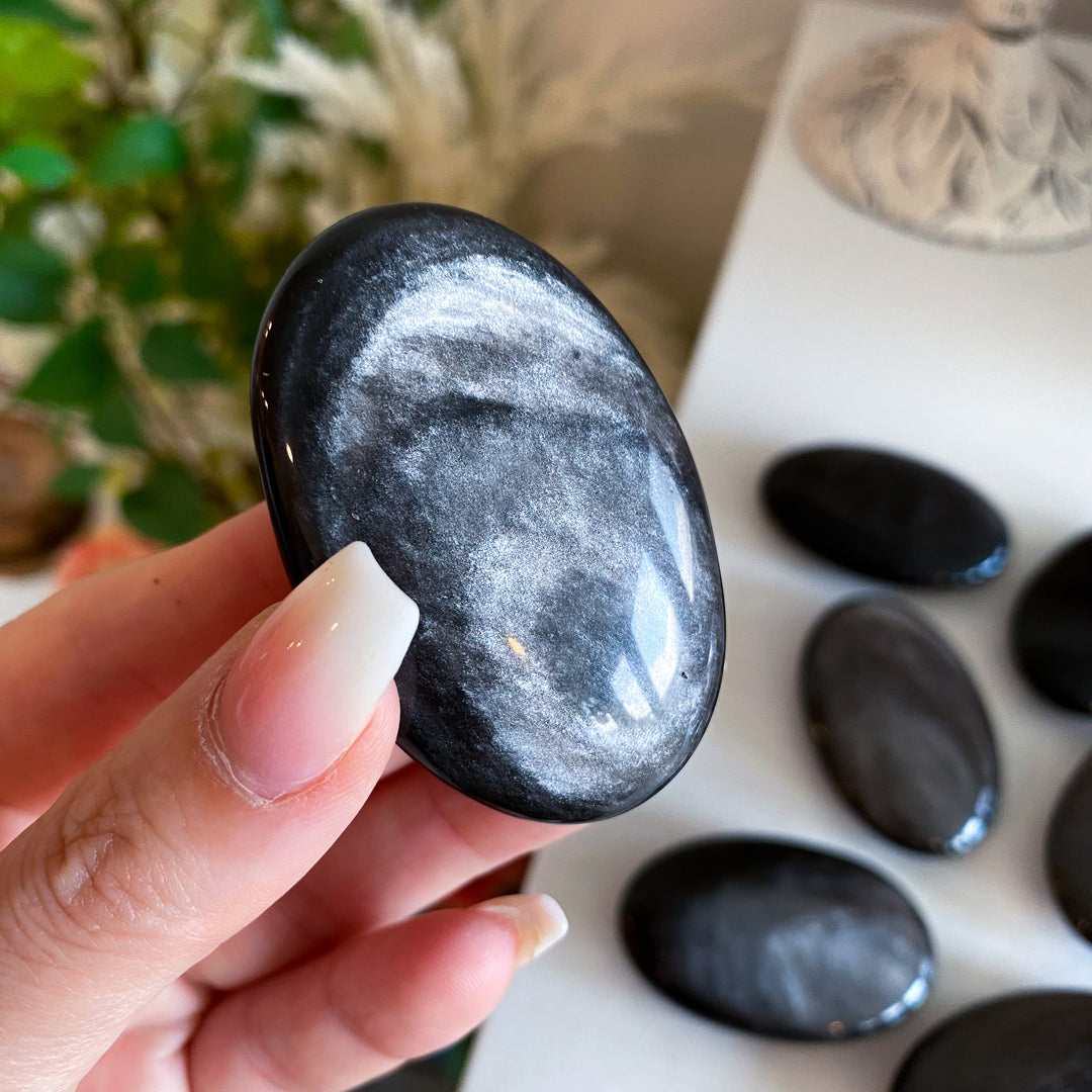 Small Silver Sheen Obsidian Palm Stone