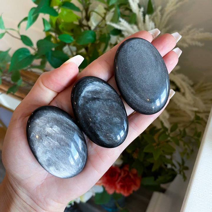 Small Silver Sheen Obsidian Palm Stone