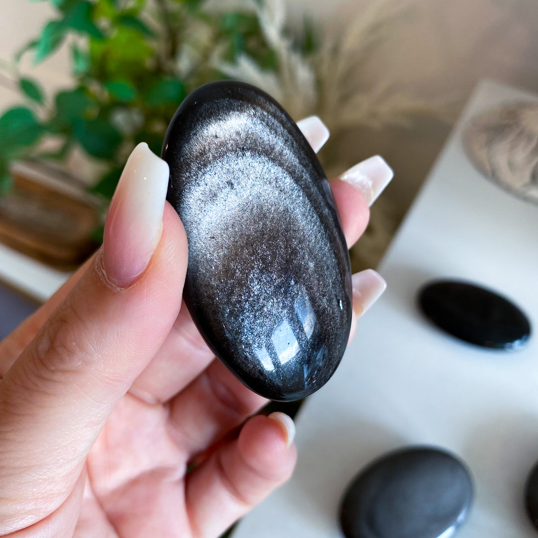Small Silver Sheen Obsidian Palm Stone
