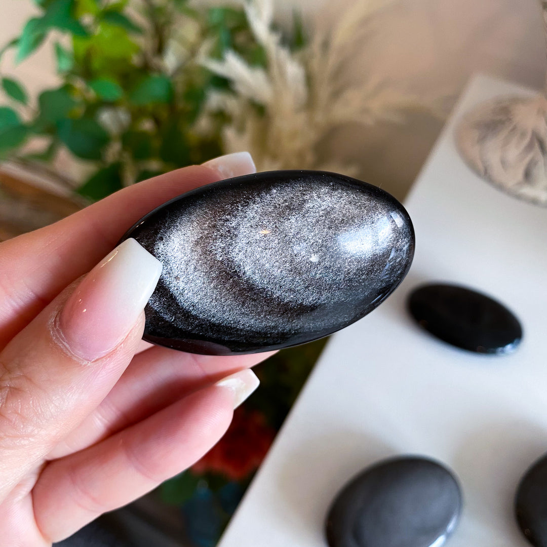 Small Silver Sheen Obsidian Palm Stone