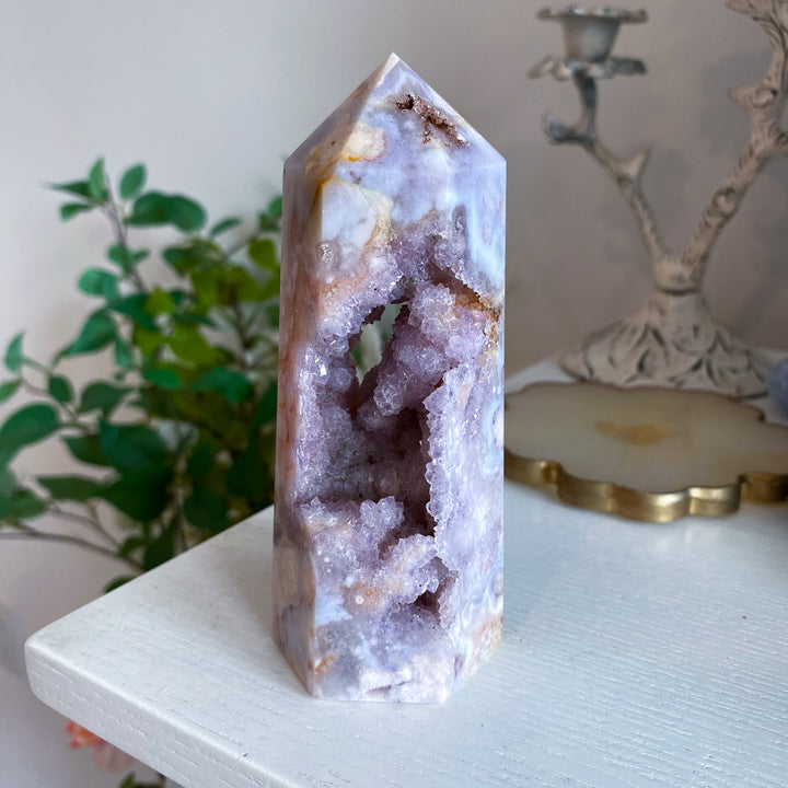 Pink, Purple Amethyst and Flower Agate Tower 