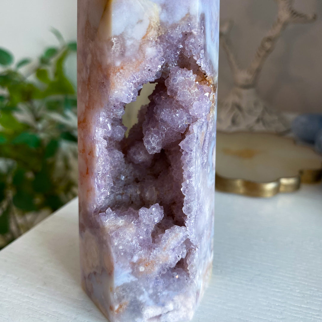 Pink, Purple Amethyst and Flower Agate Tower 