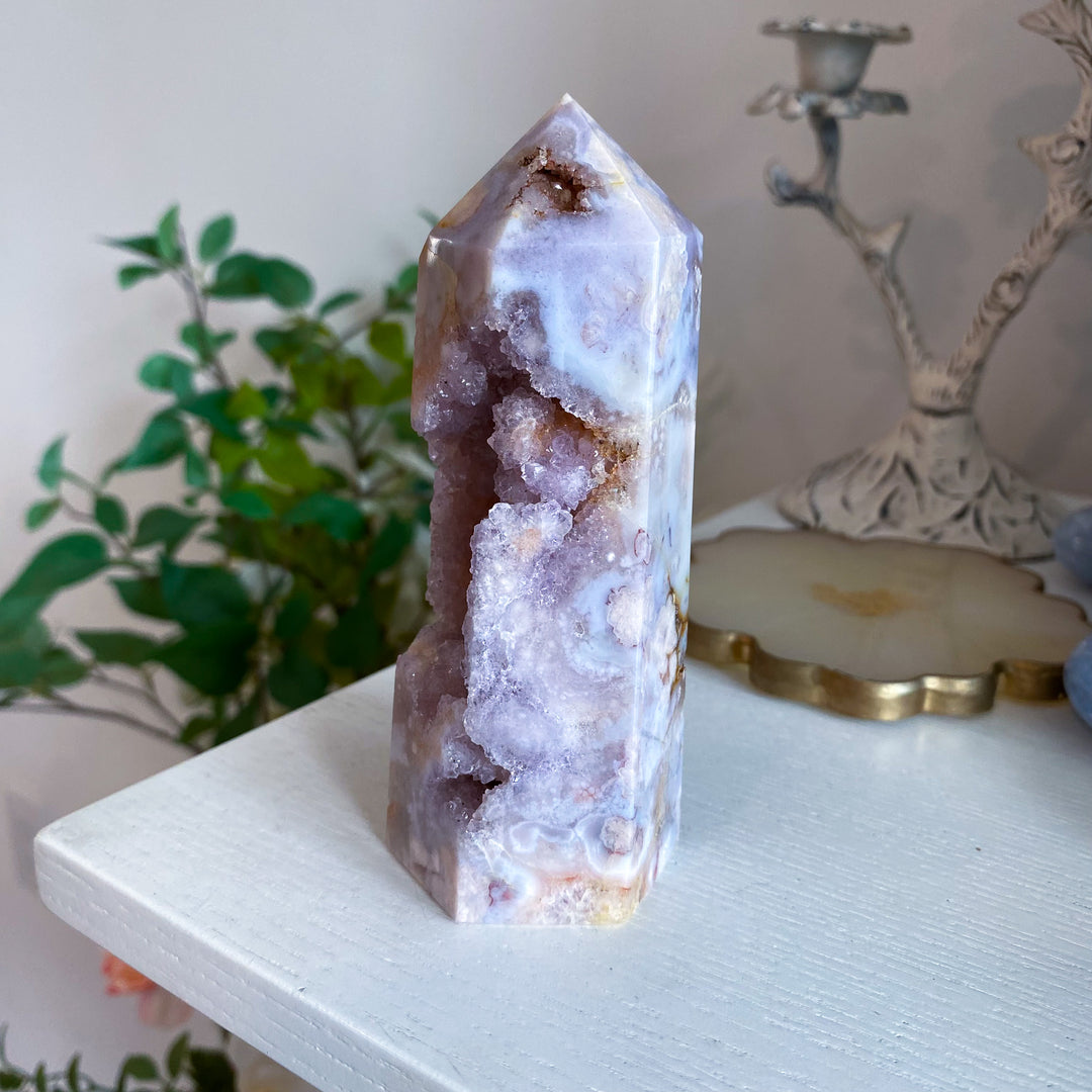 Pink, Purple Amethyst and Flower Agate Tower 