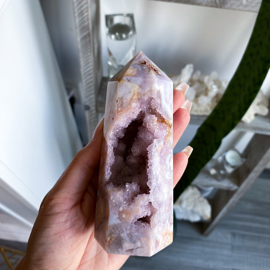 Pink, Purple Amethyst and Flower Agate Tower 