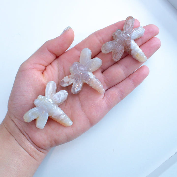 Pink Flower Agate Dragonfly Carving