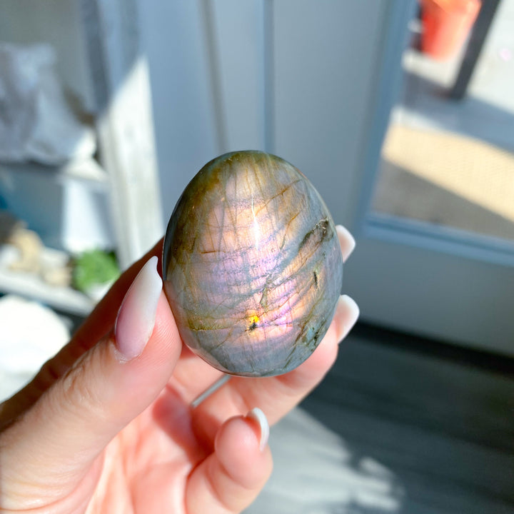 Small FLASHY Sunset Labradorite Palm Stone #17