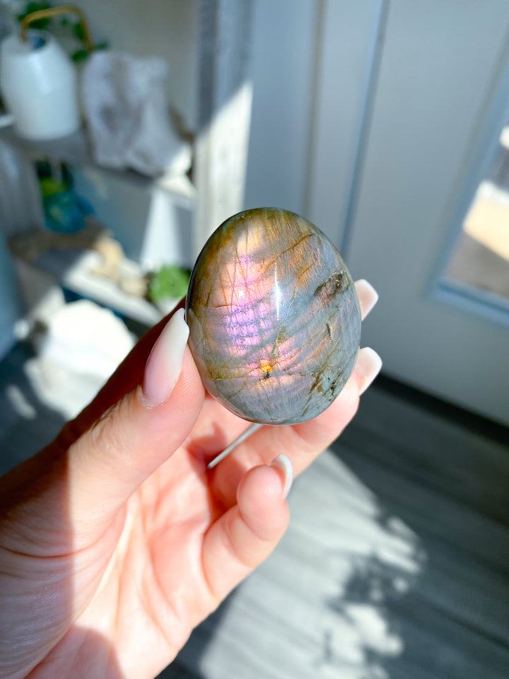Small FLASHY Sunset Labradorite Palm Stone #17