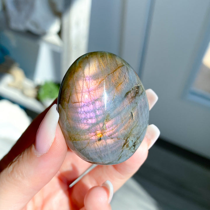 Small FLASHY Sunset Labradorite Palm Stone #17