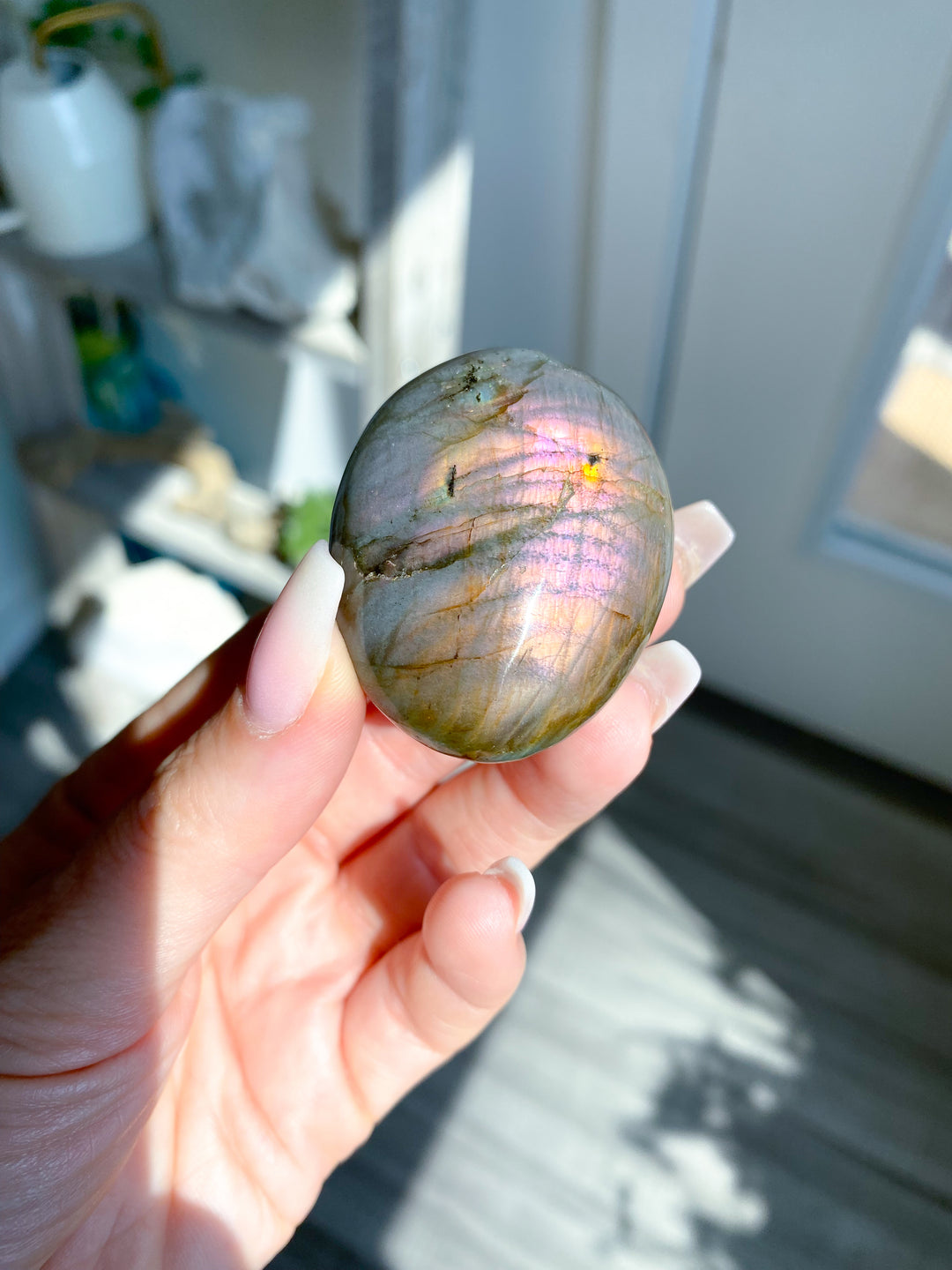 Small FLASHY Sunset Labradorite Palm Stone #17
