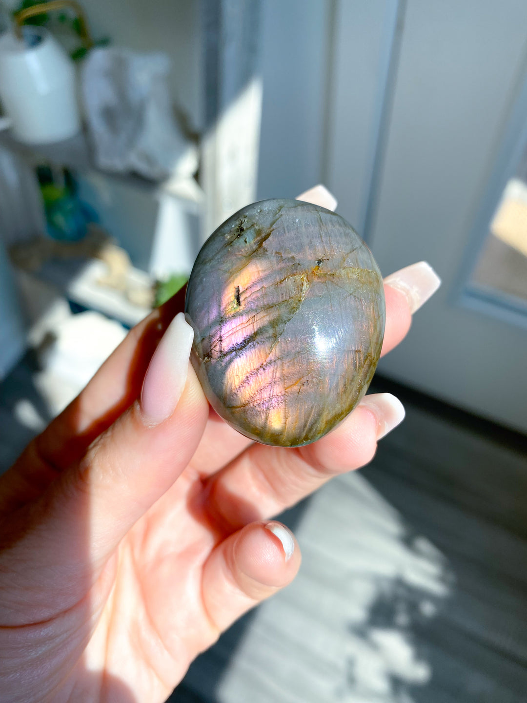 Small FLASHY Sunset Labradorite Palm Stone #17