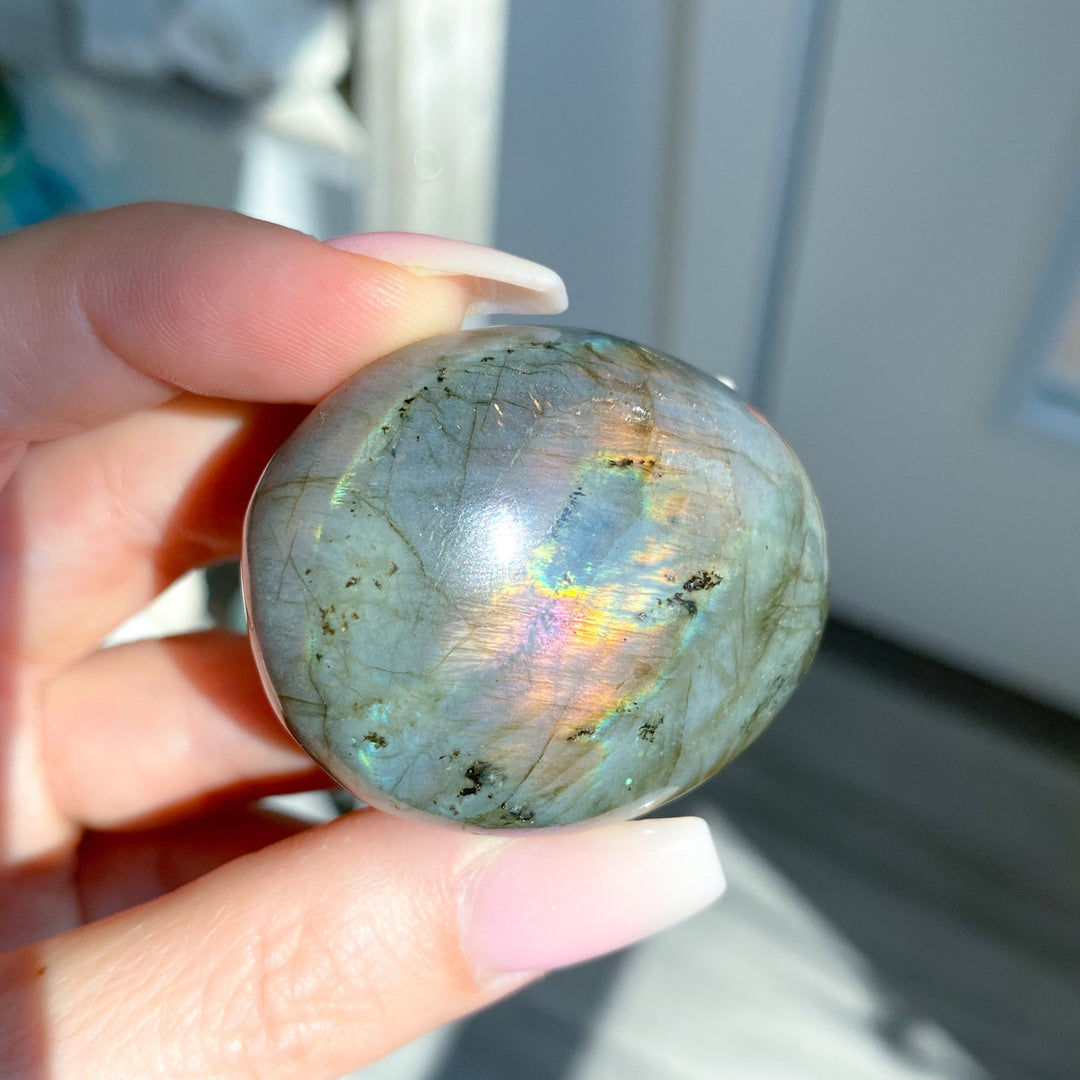 Small FLASHY Sunset Labradorite Palm Stone #17