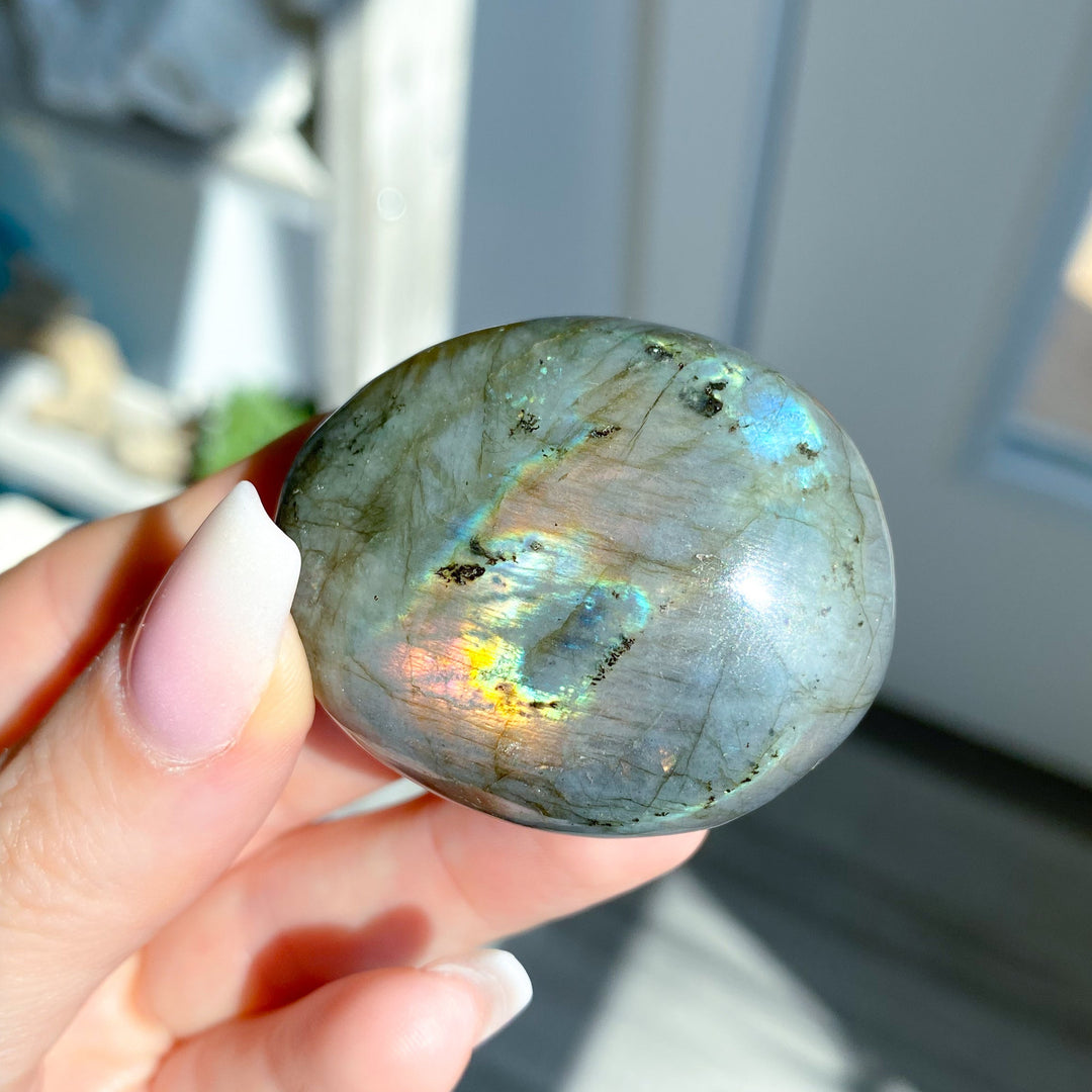 Small FLASHY Sunset Labradorite Palm Stone #17