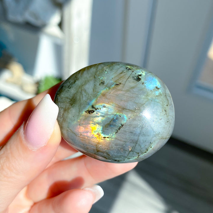 Small FLASHY Sunset Labradorite Palm Stone #17