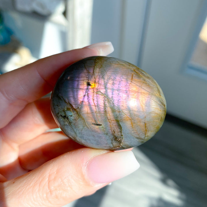 Small FLASHY Sunset Labradorite Palm Stone #17